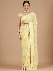 Yellow Georgette Lucknowi Saree with Intricate Embroidery