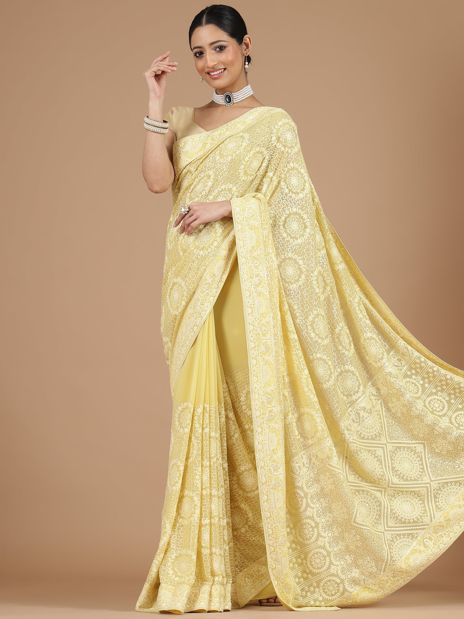 Yellow Georgette Lucknowi Saree with Intricate Embroidery