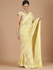 Yellow Georgette Lucknowi Saree with Intricate Embroidery