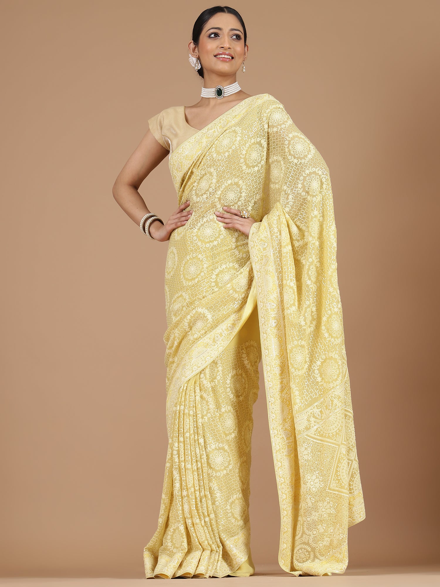 Yellow Georgette Lucknowi Saree with Intricate Embroidery