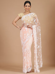 Peach Netted Saree with Elegant Pearl Work