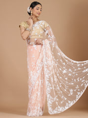 Peach Netted Saree with Elegant Pearl Work