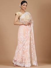 Peach Netted Saree with Elegant Pearl Work