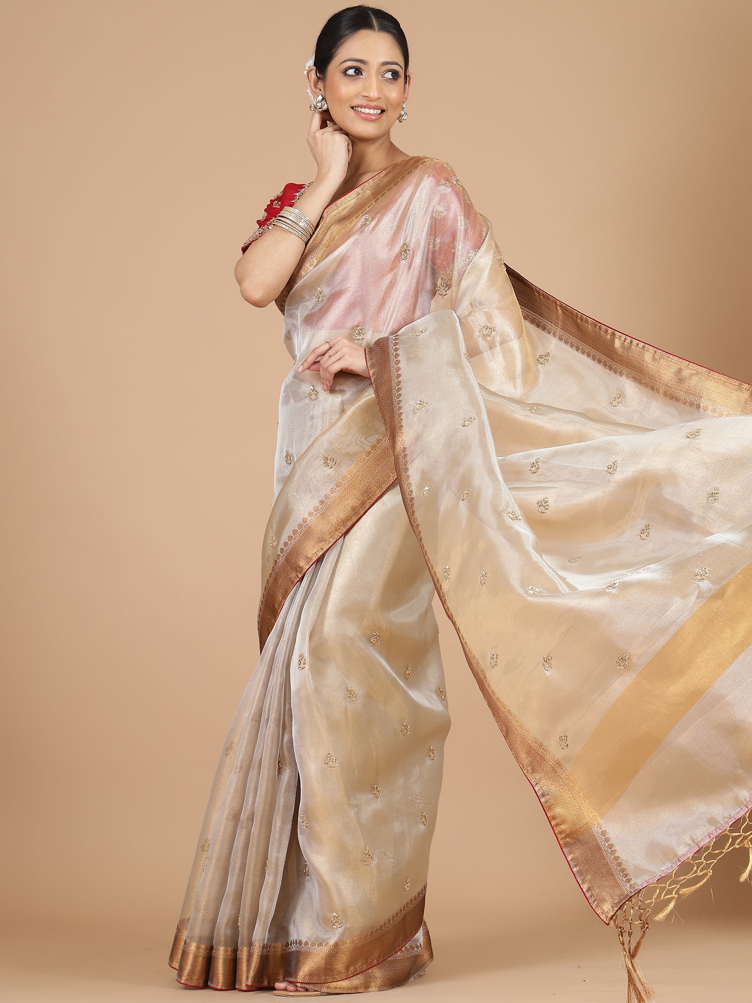 Luxurious Light Gold Tissue Saree with Zardosi Work