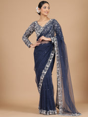 Exquisite Navy Blue Netted Saree with Heavy Zardosi Embroidery & Blouse