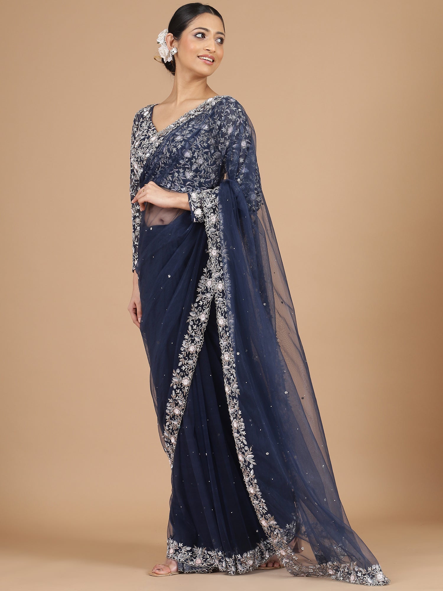 Exquisite Navy Blue Netted Saree with Heavy Zardosi Embroidery & Blouse