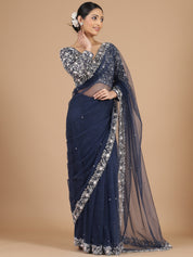 Exquisite Navy Blue Netted Saree with Heavy Zardosi Embroidery & Blouse