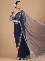 Exquisite Navy Blue Netted Saree with Heavy Zardosi Embroidery & Blouse