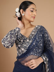 Exquisite Navy Blue Netted Saree with Heavy Zardosi Embroidery & Blouse