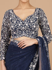 Exquisite Navy Blue Netted Saree with Heavy Zardosi Embroidery & Blouse