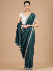 Bottle Green Crush Tissue Saree with Aari Embroidery Border