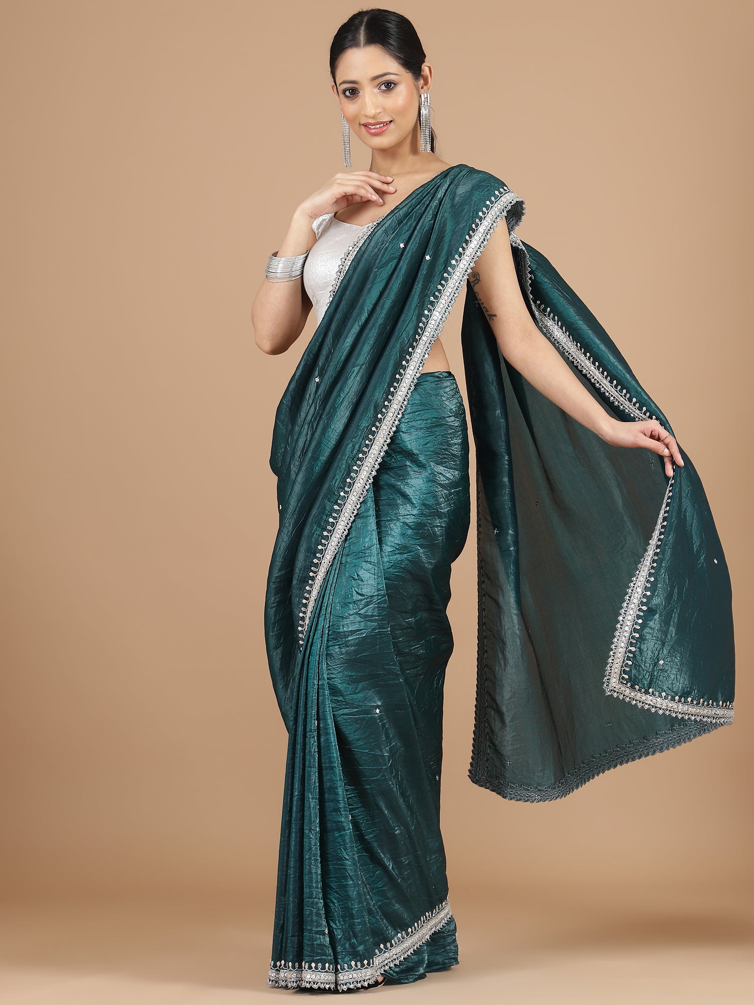 Bottle Green Crush Tissue Saree with Aari Embroidery Border