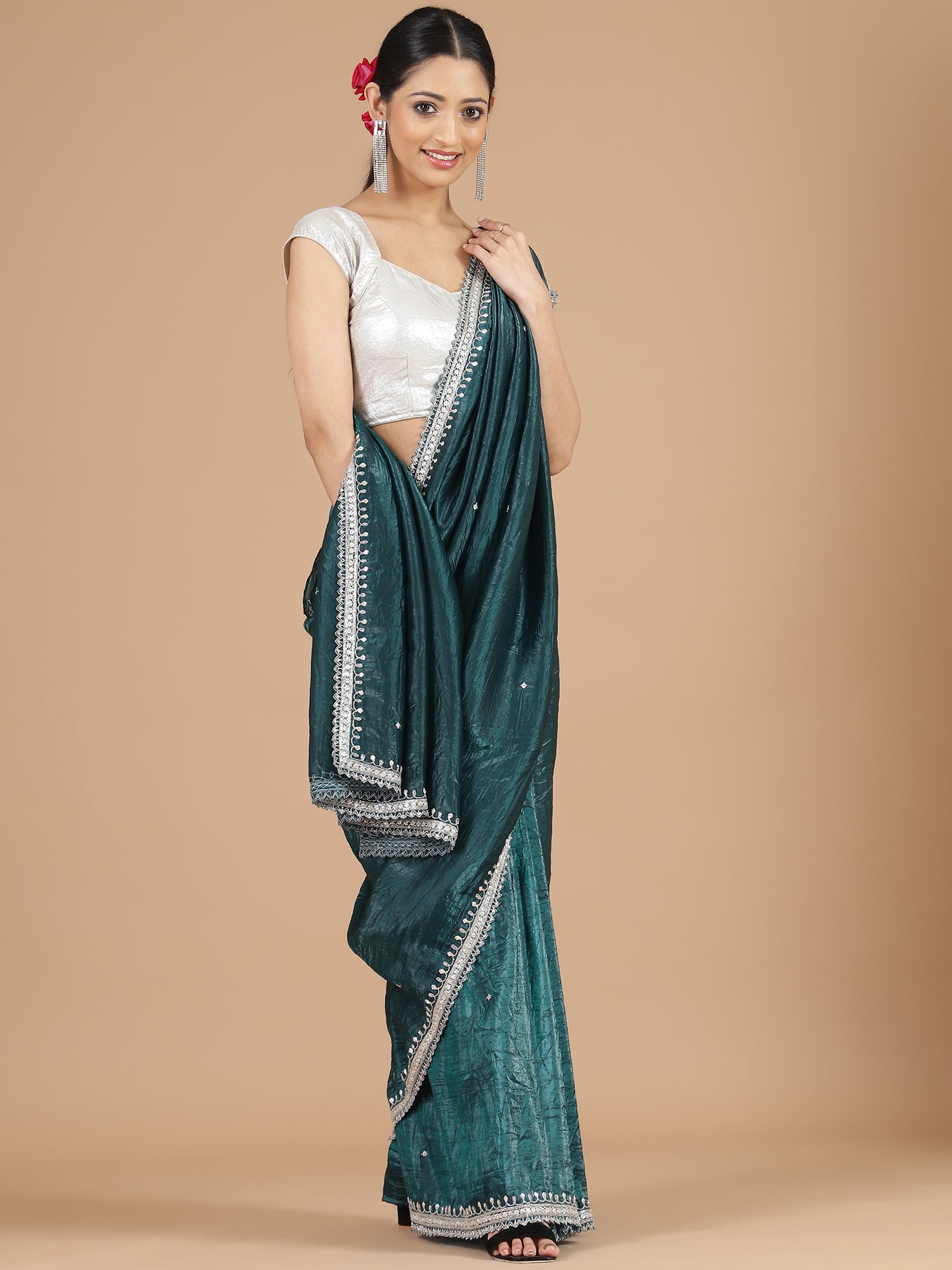 Bottle Green Crush Tissue Saree with Aari Embroidery Border