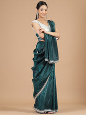 Bottle Green Crush Tissue Saree with Aari Embroidery Border