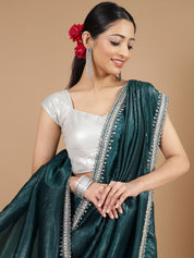 Bottle Green Crush Tissue Saree with Aari Embroidery Border