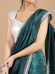 Bottle Green Crush Tissue Saree with Aari Embroidery Border