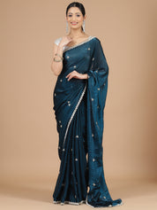 Peacock Blue Saree with Aari Embroidery Border