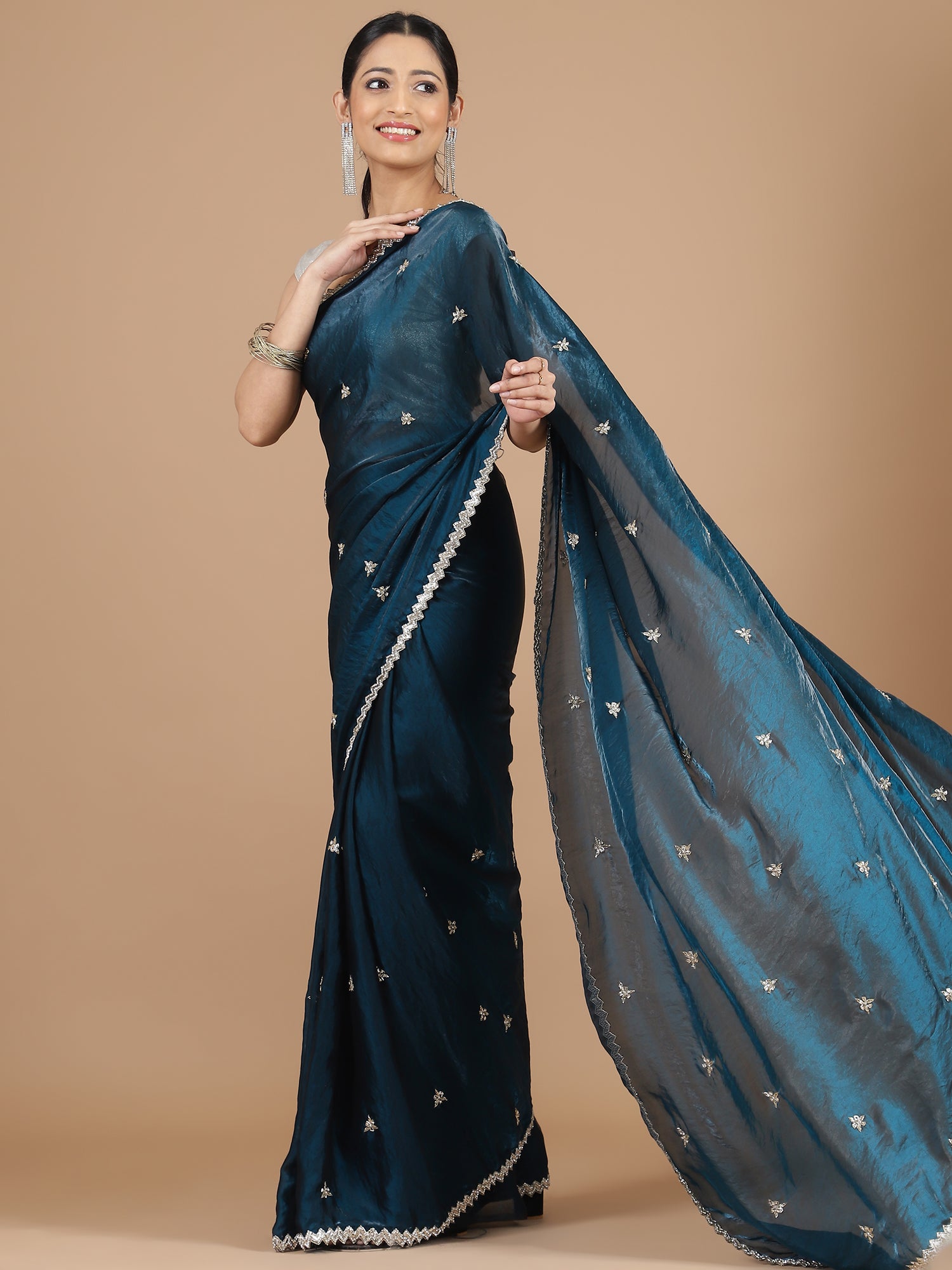 Peacock Blue Saree with Aari Embroidery Border