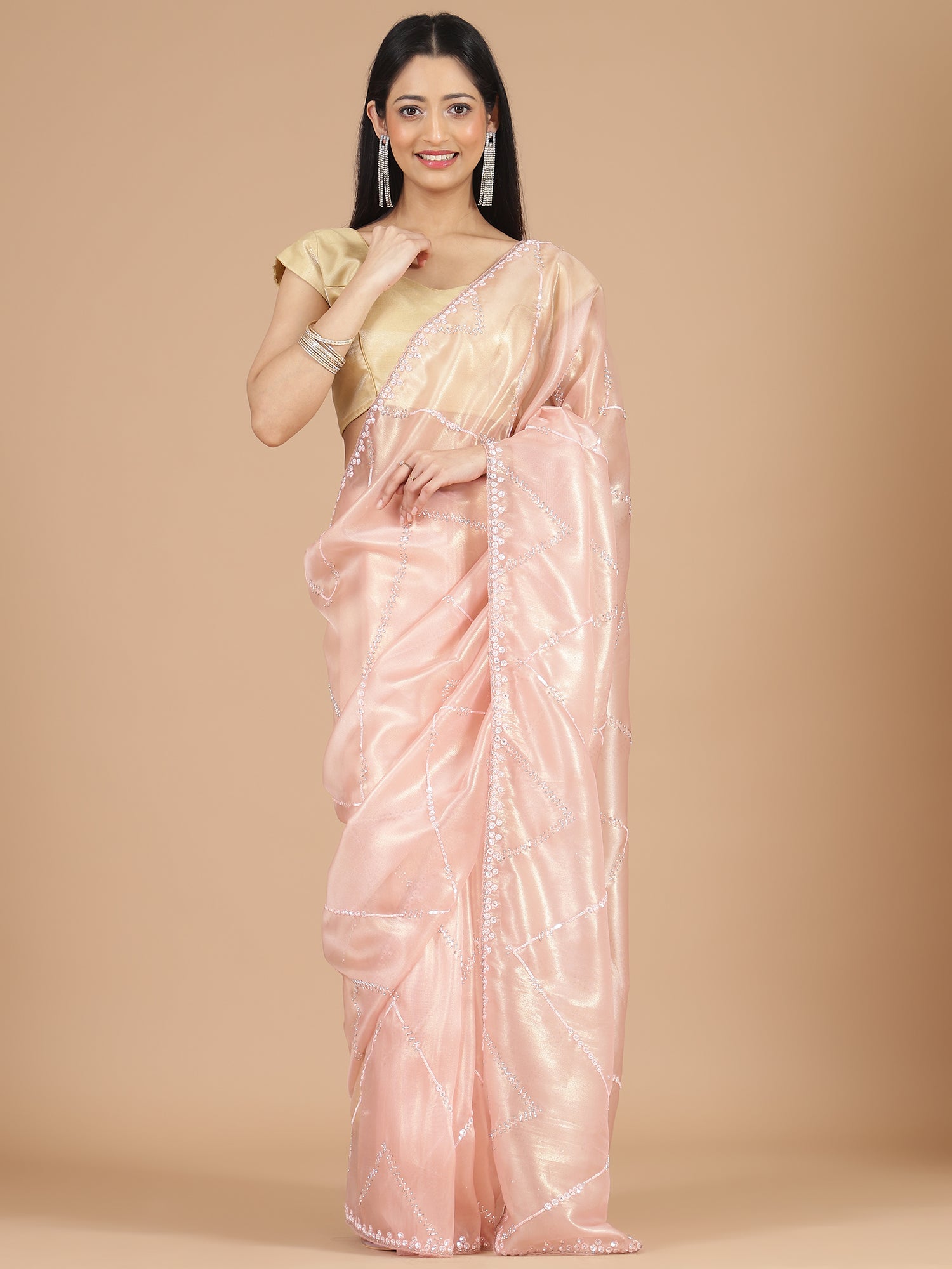 Peach Organza Tissue Saree with Stone Work