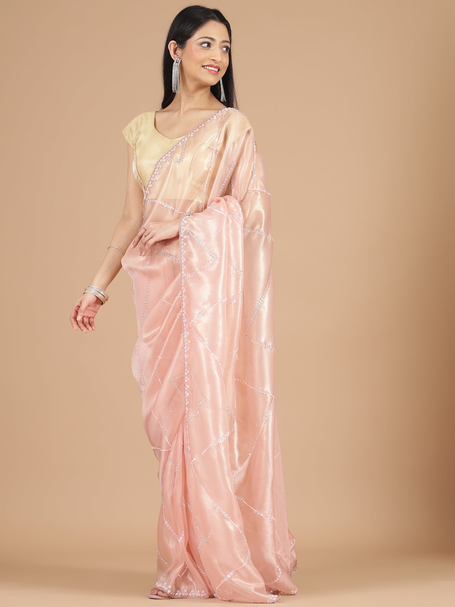 Peach Organza Tissue Saree with Stone Work