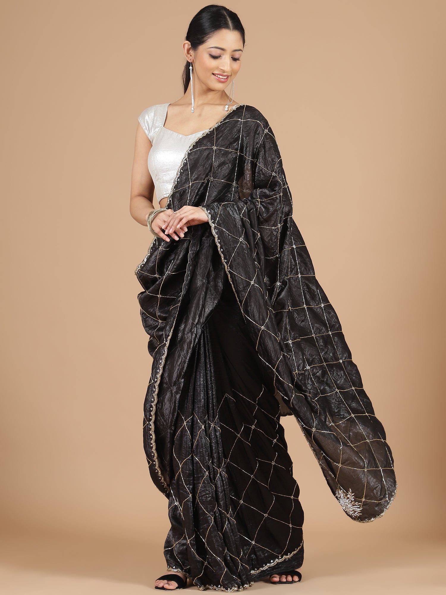 Black Organza Crush Tissue Saree with Cutdana Embroidery