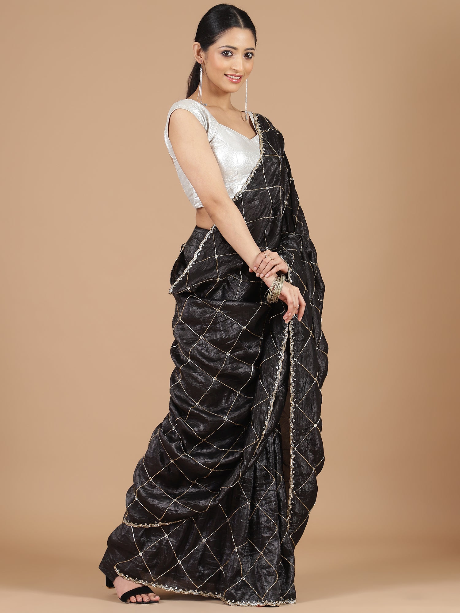 Black Organza Crush Tissue Saree with Cutdana Embroidery