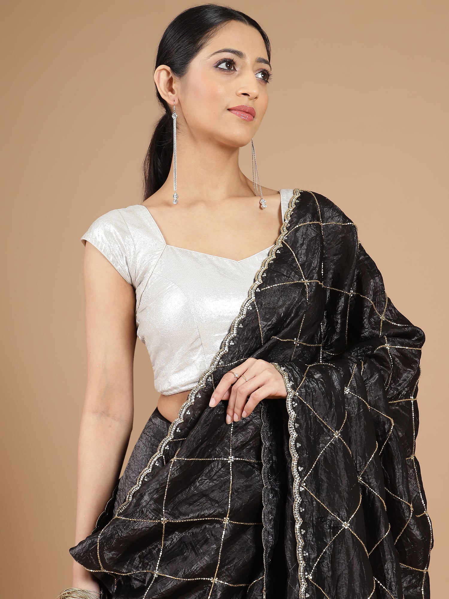 Black Organza Crush Tissue Saree with Cutdana Embroidery