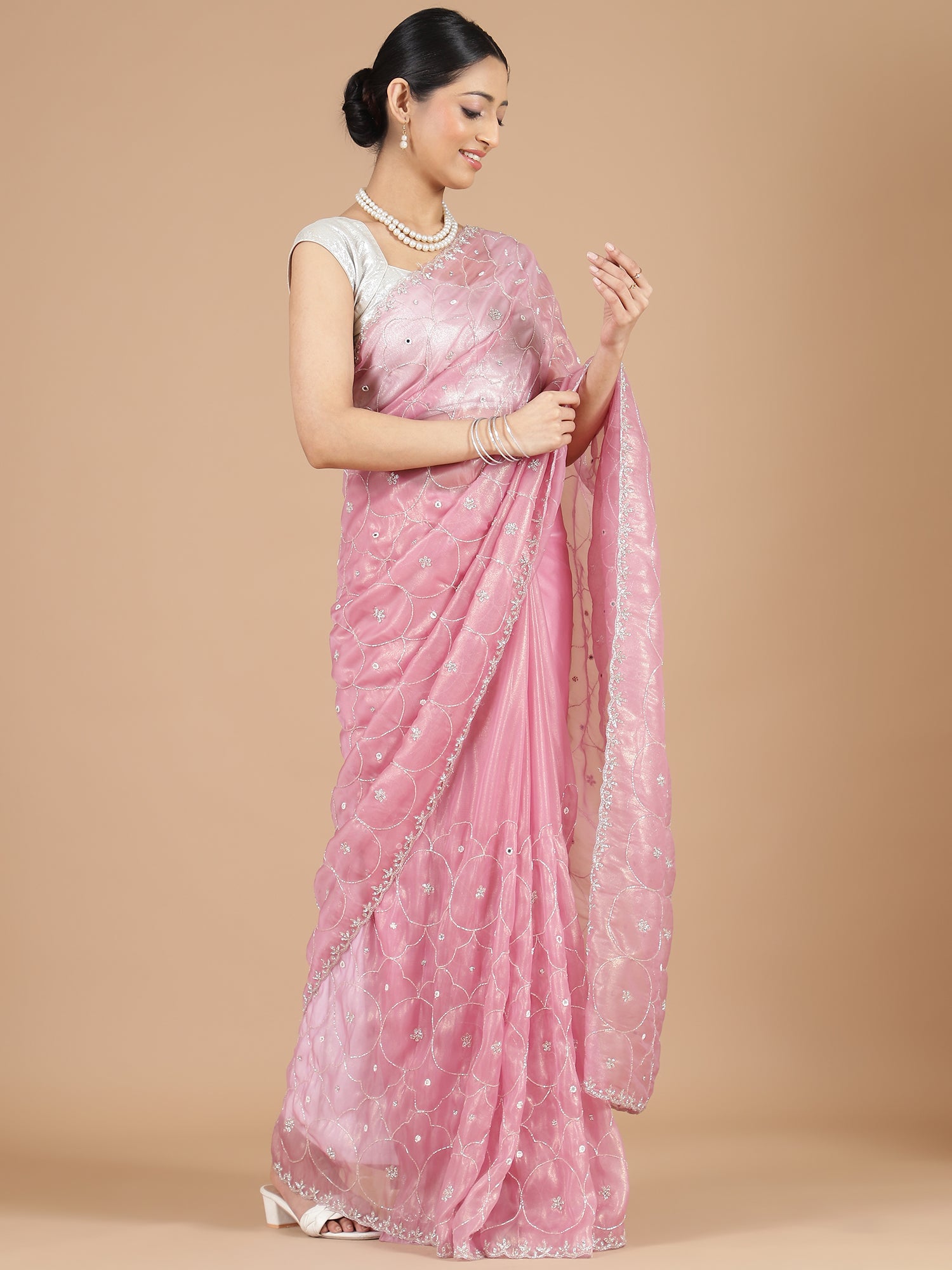 Light Pink Organza Saree with Cutdana Scallop Embroidery Border