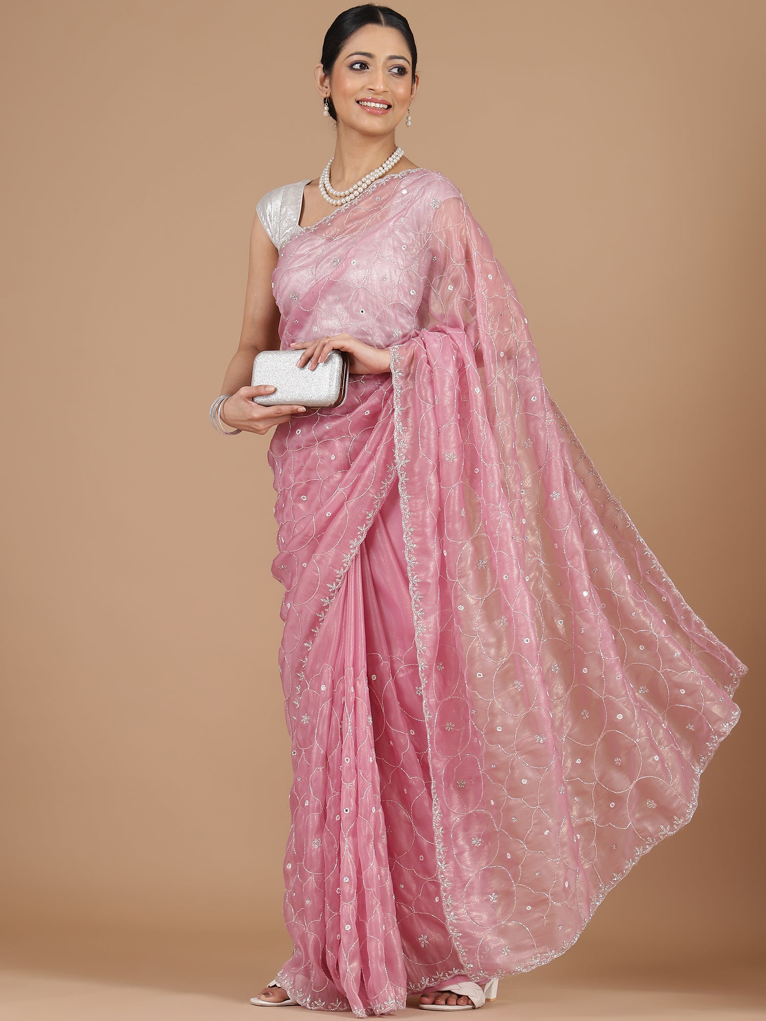 Light Pink Organza Saree with Cutdana Scallop Embroidery Border