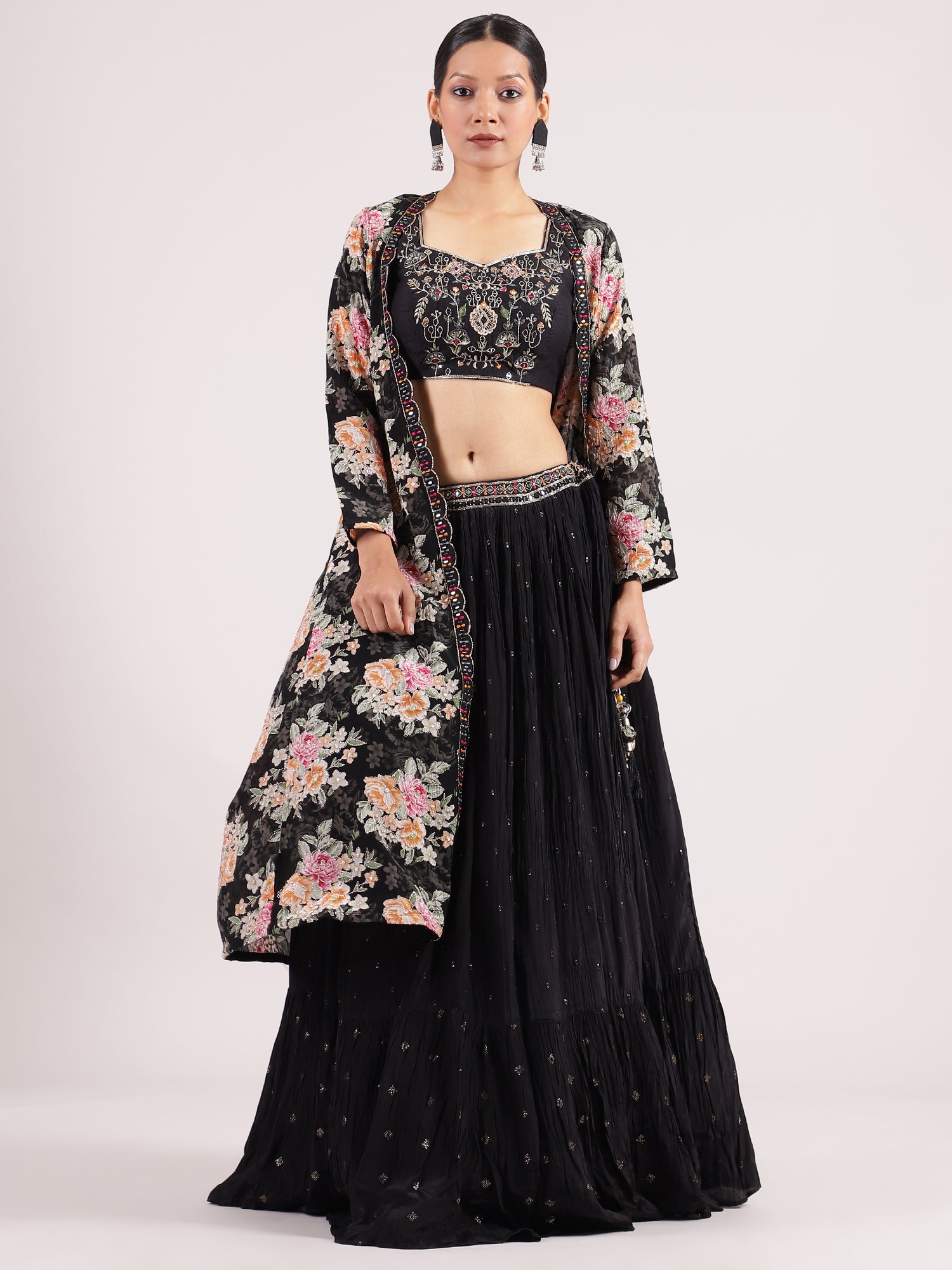 Black Georgette Lehenga with Floral Organza Jacket