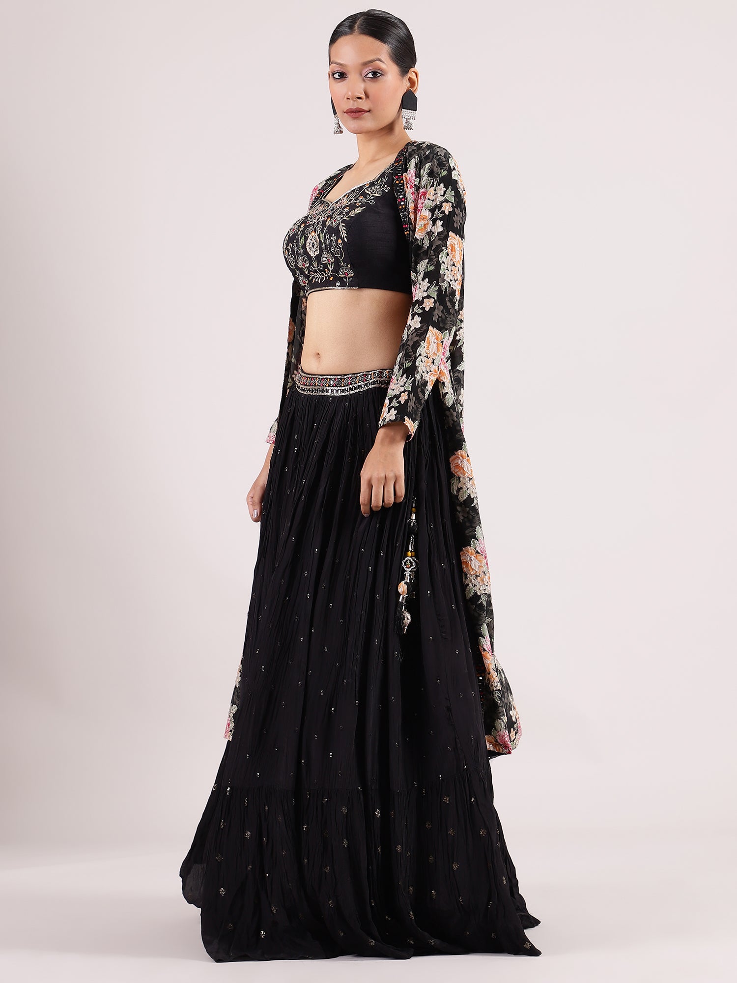 Black Georgette Lehenga with Floral Organza Jacket