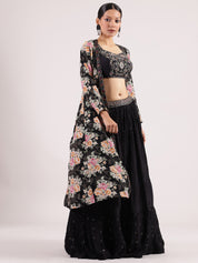 Black Georgette Lehenga with Floral Organza Jacket