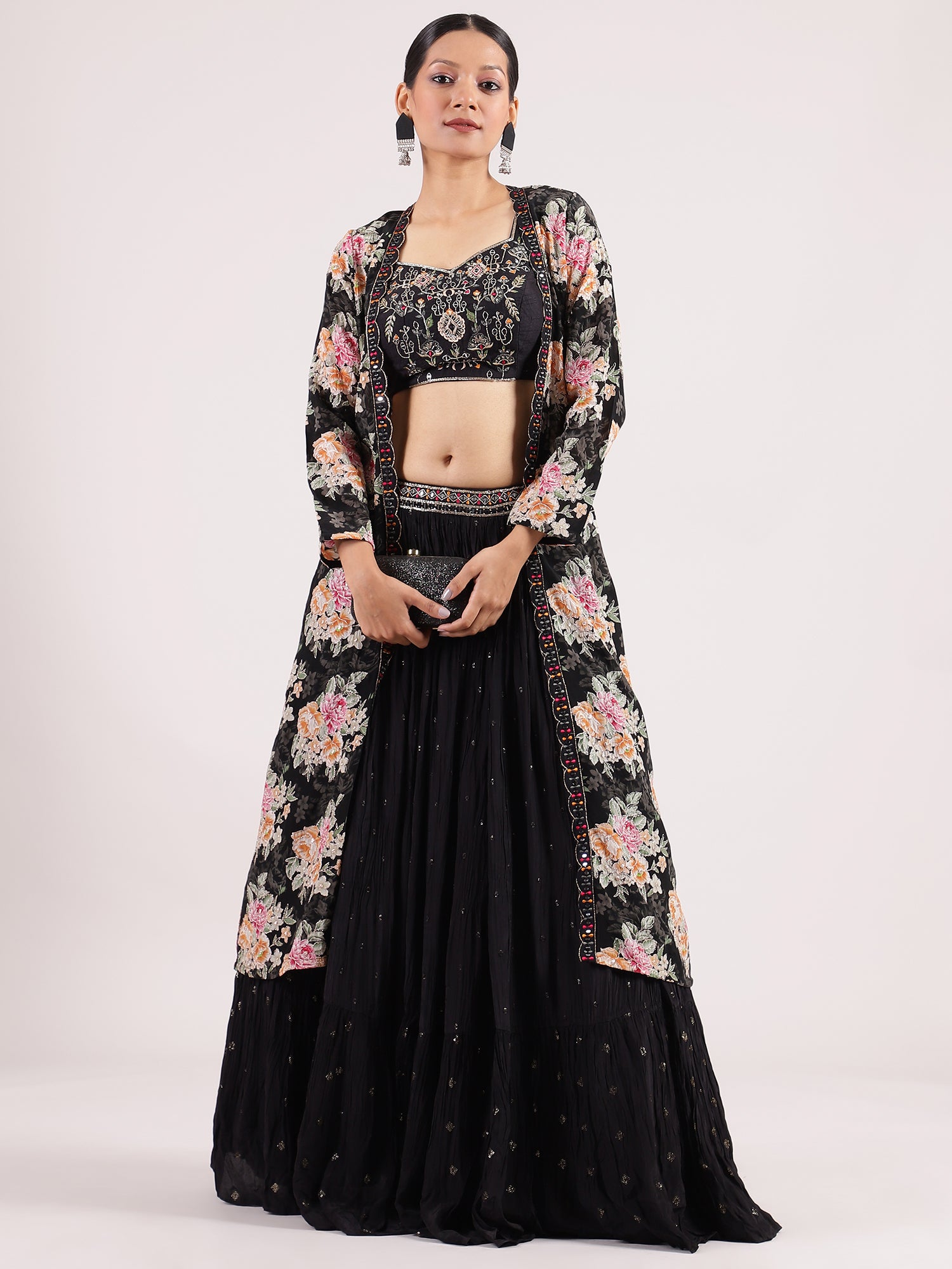 Black Georgette Lehenga with Floral Organza Jacket