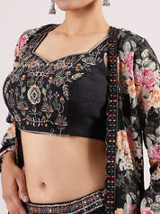 Black Georgette Lehenga with Floral Organza Jacket