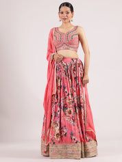 Elegant Peach Georgette Digital Print Lehenga with Heavy Mirror Work Blouse