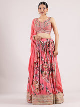 Elegant Peach Georgette Digital Print Lehenga with Heavy Mirror Work Blouse