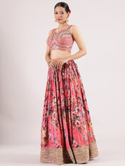 Elegant Peach Georgette Digital Print Lehenga with Heavy Mirror Work Blouse