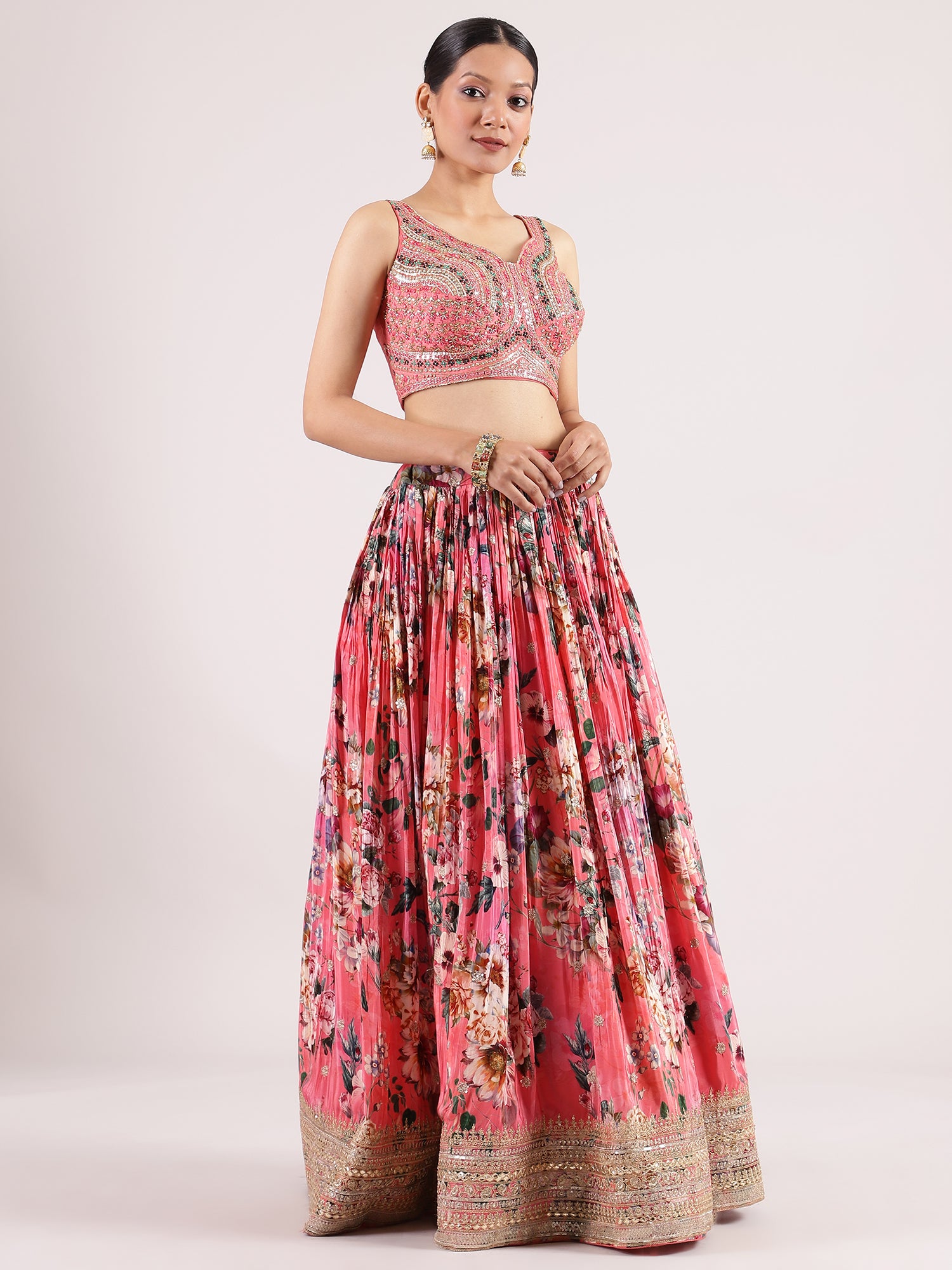 Elegant Peach Georgette Digital Print Lehenga with Heavy Mirror Work Blouse