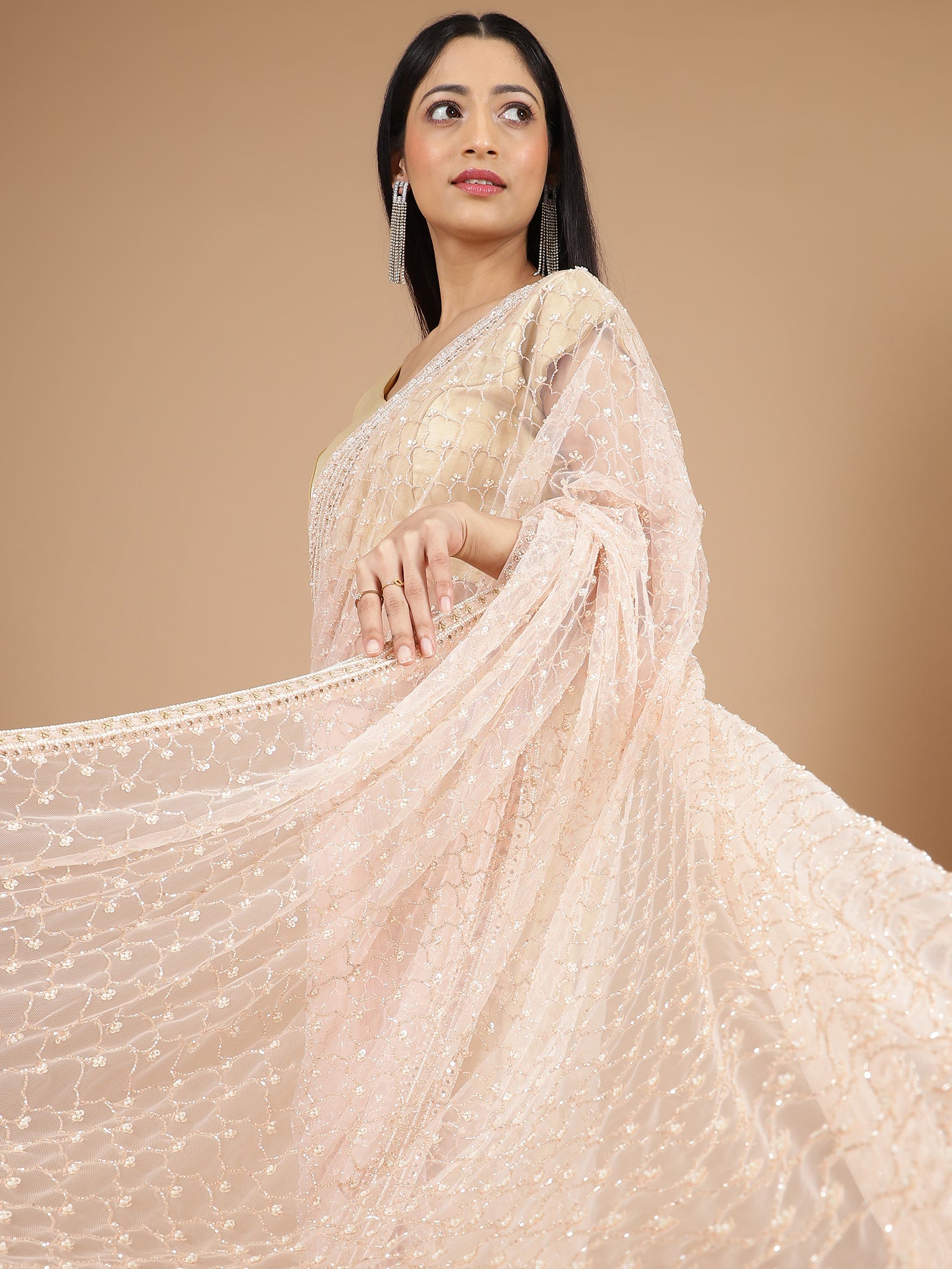 Light Peach Net Saree with Cutdana Embroidery