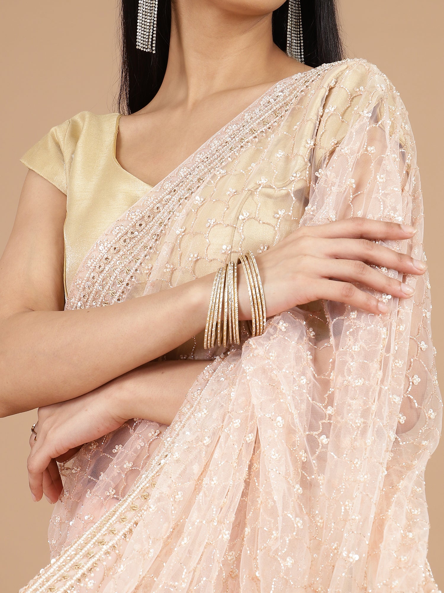 Light Peach Net Saree with Cutdana Embroidery