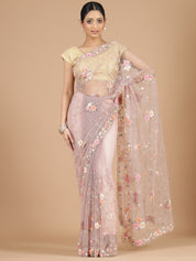 Lilac Netted Saree with Intricate Floral Embroidery Work