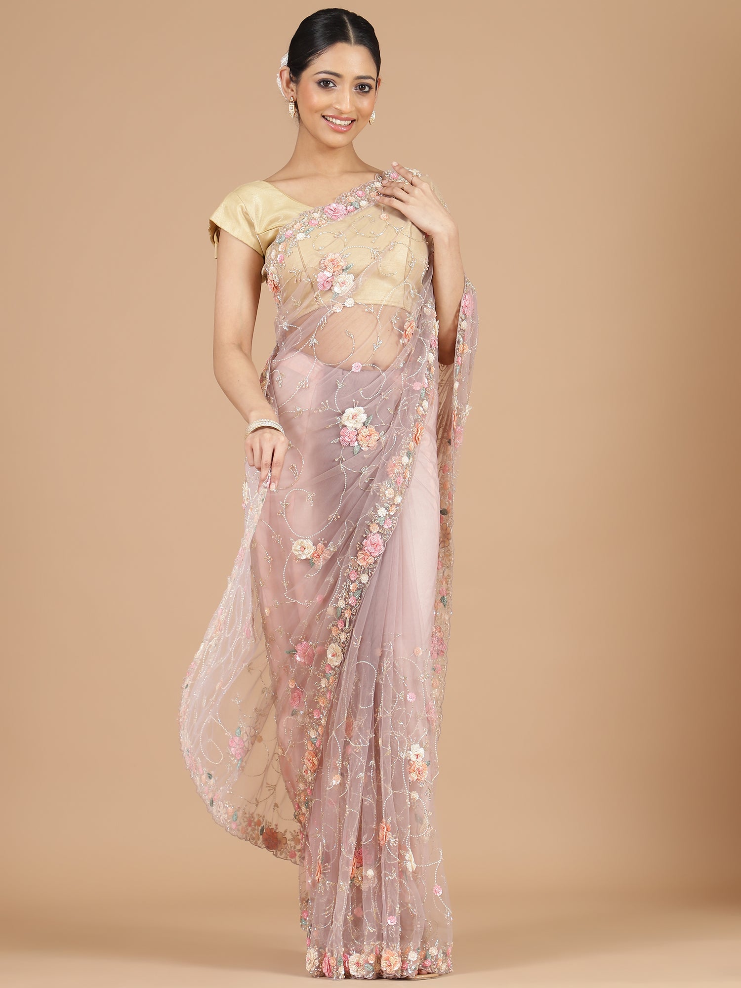 Lilac Netted Saree with Intricate Floral Embroidery Work