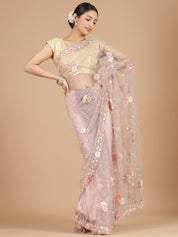 Lilac Netted Saree with Intricate Floral Embroidery Work