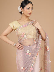 Lilac Netted Saree with Intricate Floral Embroidery Work