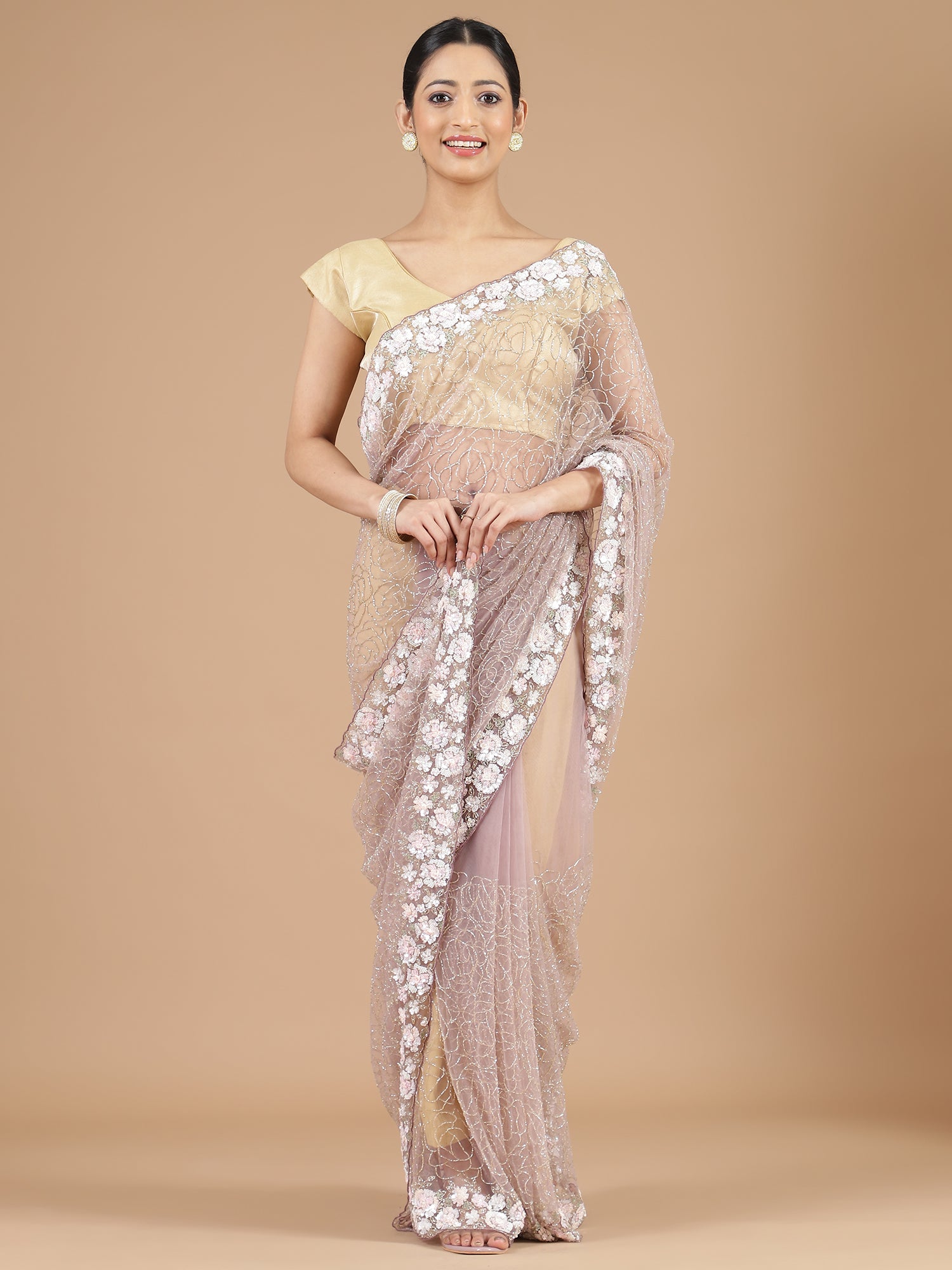 Lilac Netted Saree with Intricate Floral Beads Work