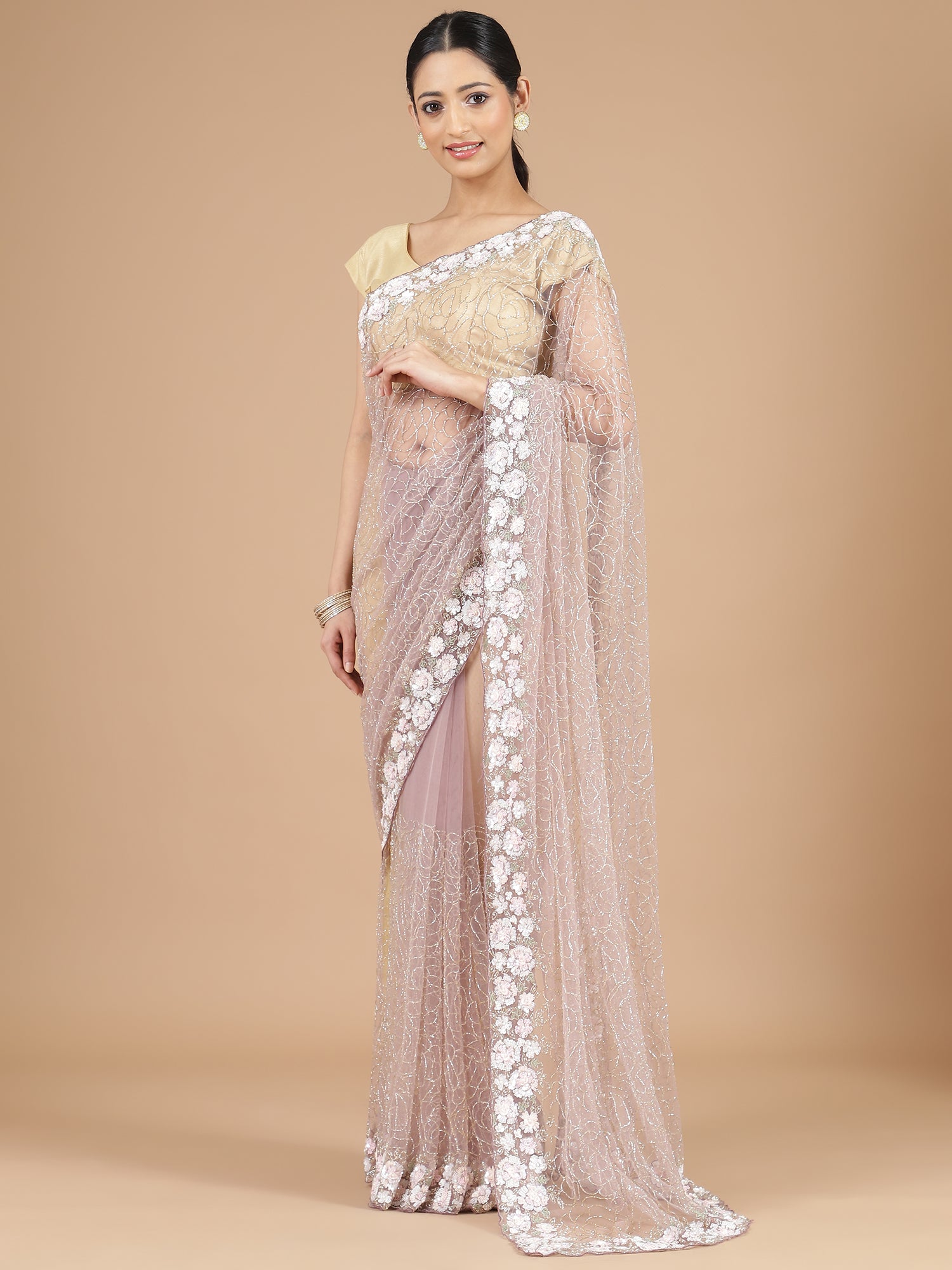 Lilac Netted Saree with Intricate Floral Beads Work