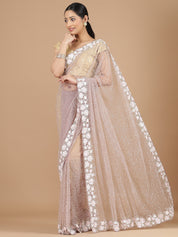 Lilac Netted Saree with Intricate Floral Beads Work