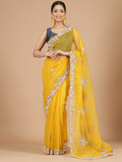 Mustard Yellow Embroidered Organza Saree