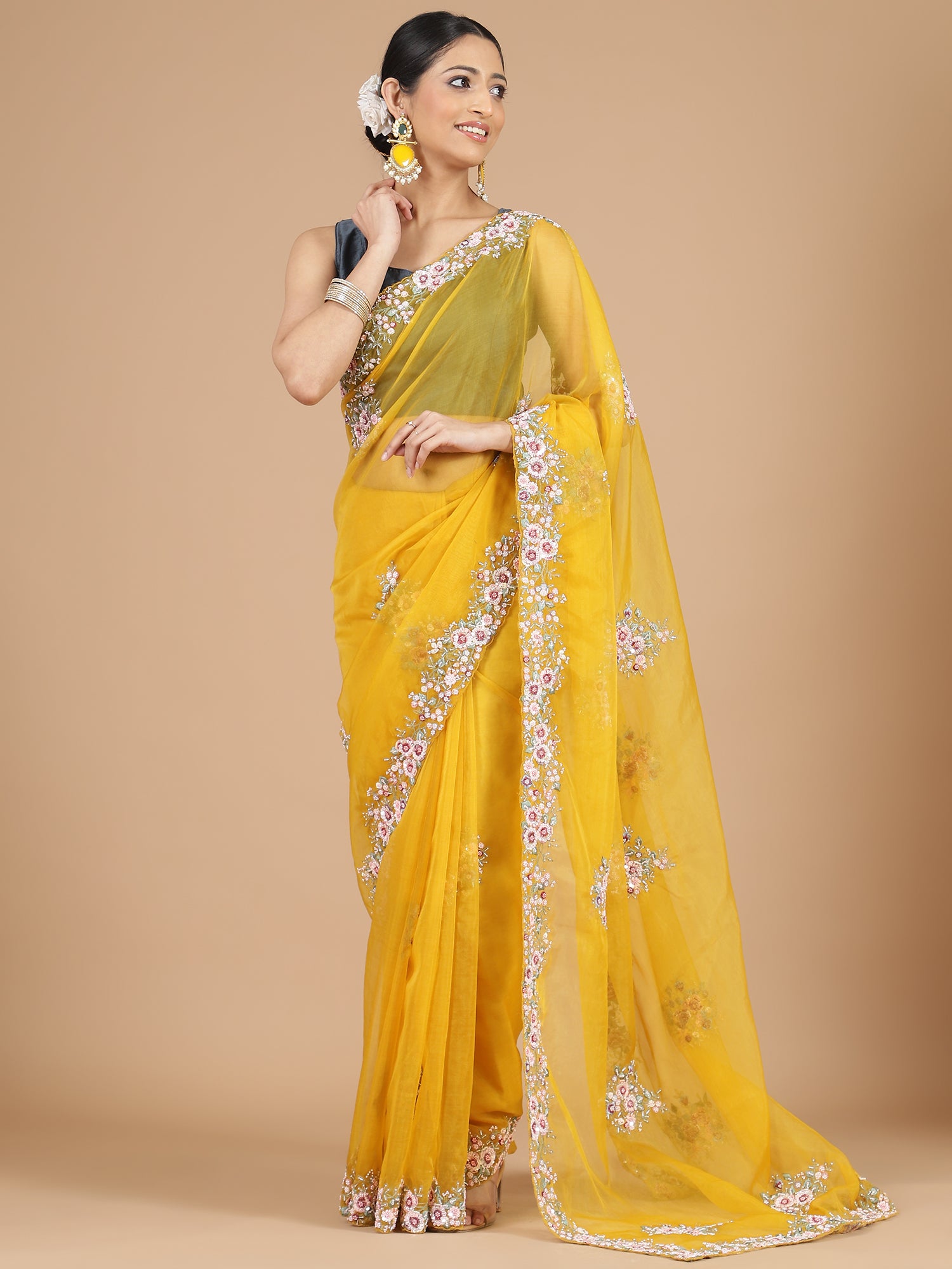 Mustard Yellow Embroidered Organza Saree