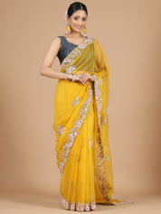 Mustard Yellow Embroidered Organza Saree